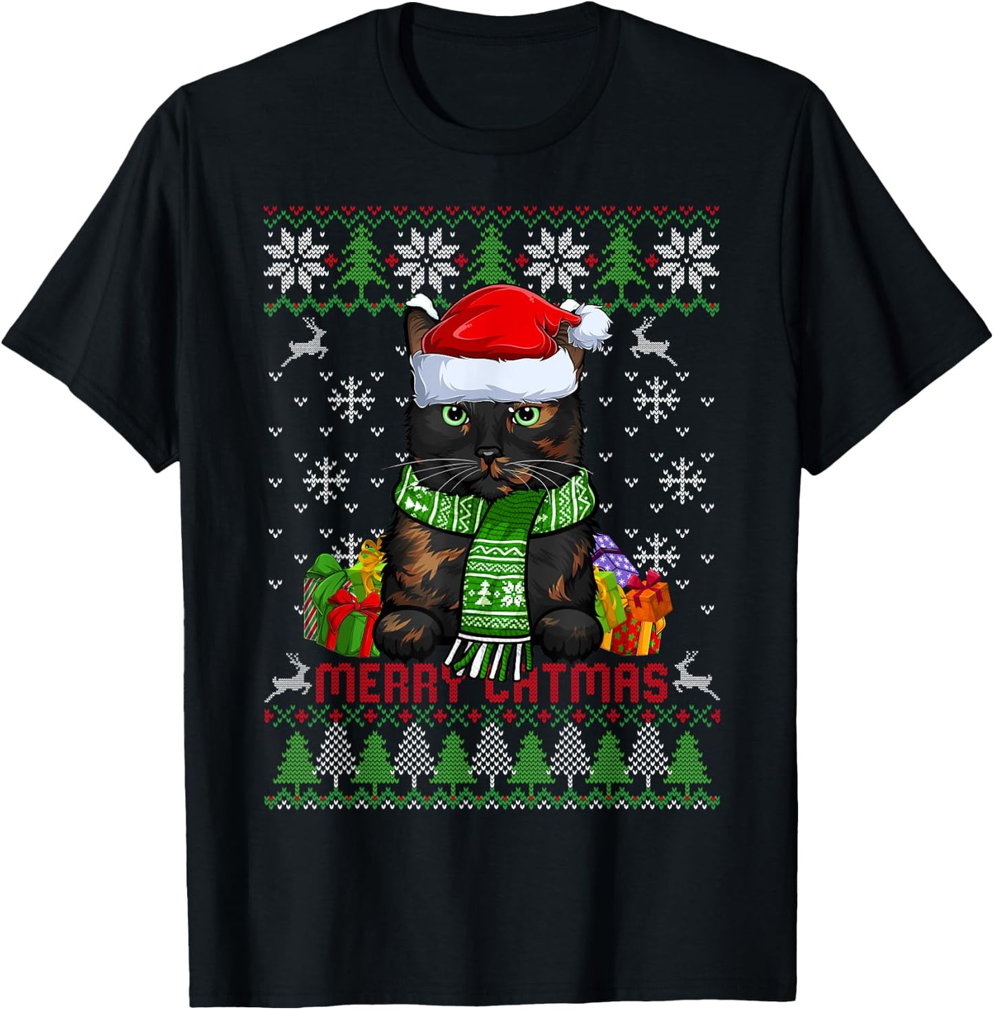 Funny Merry Catmas Tortoiseshell Cat Ugly Christmas Sweater Men Women Kids T-Shirt - T-Shirt | Black
