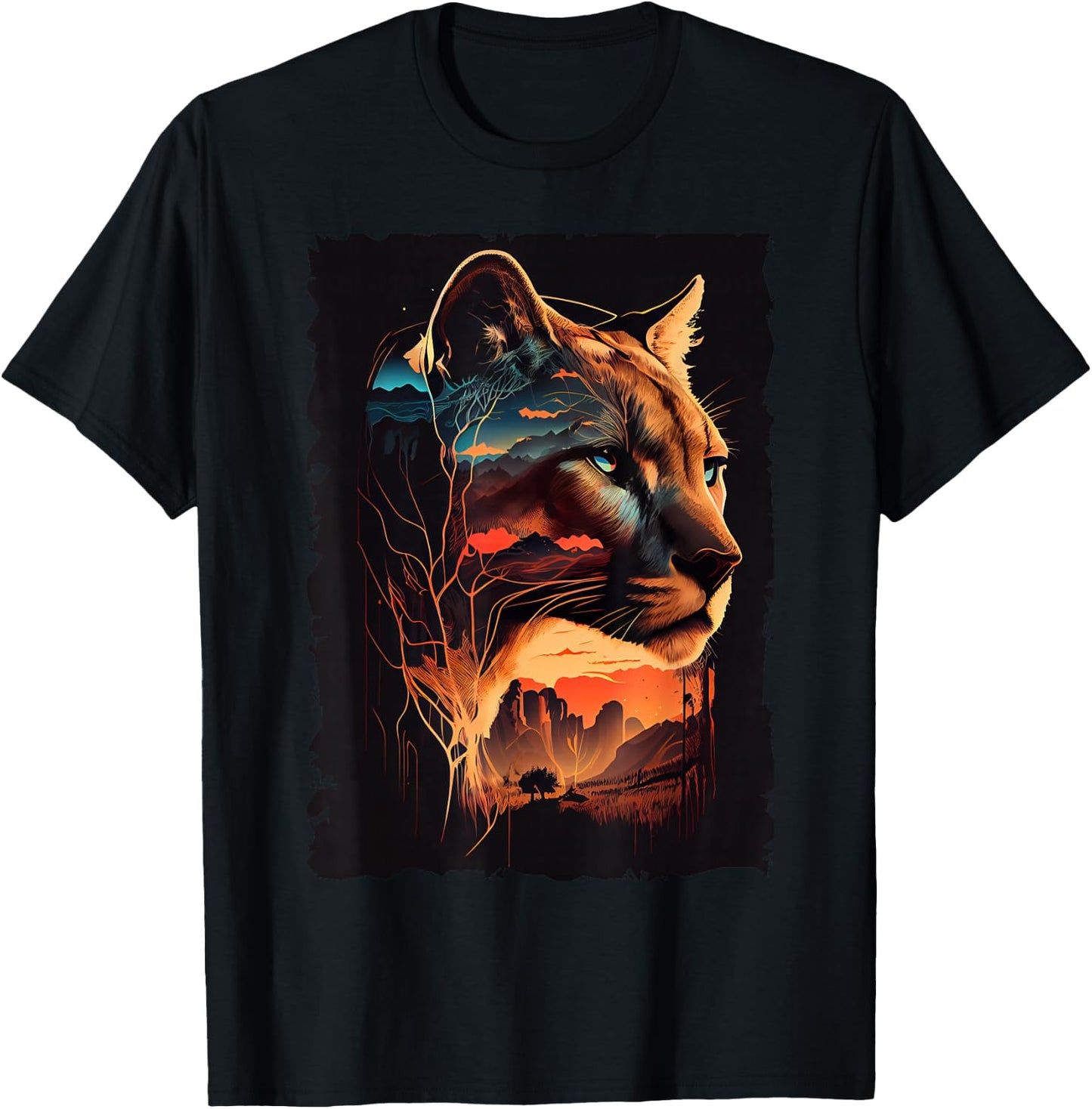 Mountain Cougar Sunset Wilderness Wildlife Art T-Shirt - T-Shirt | Black