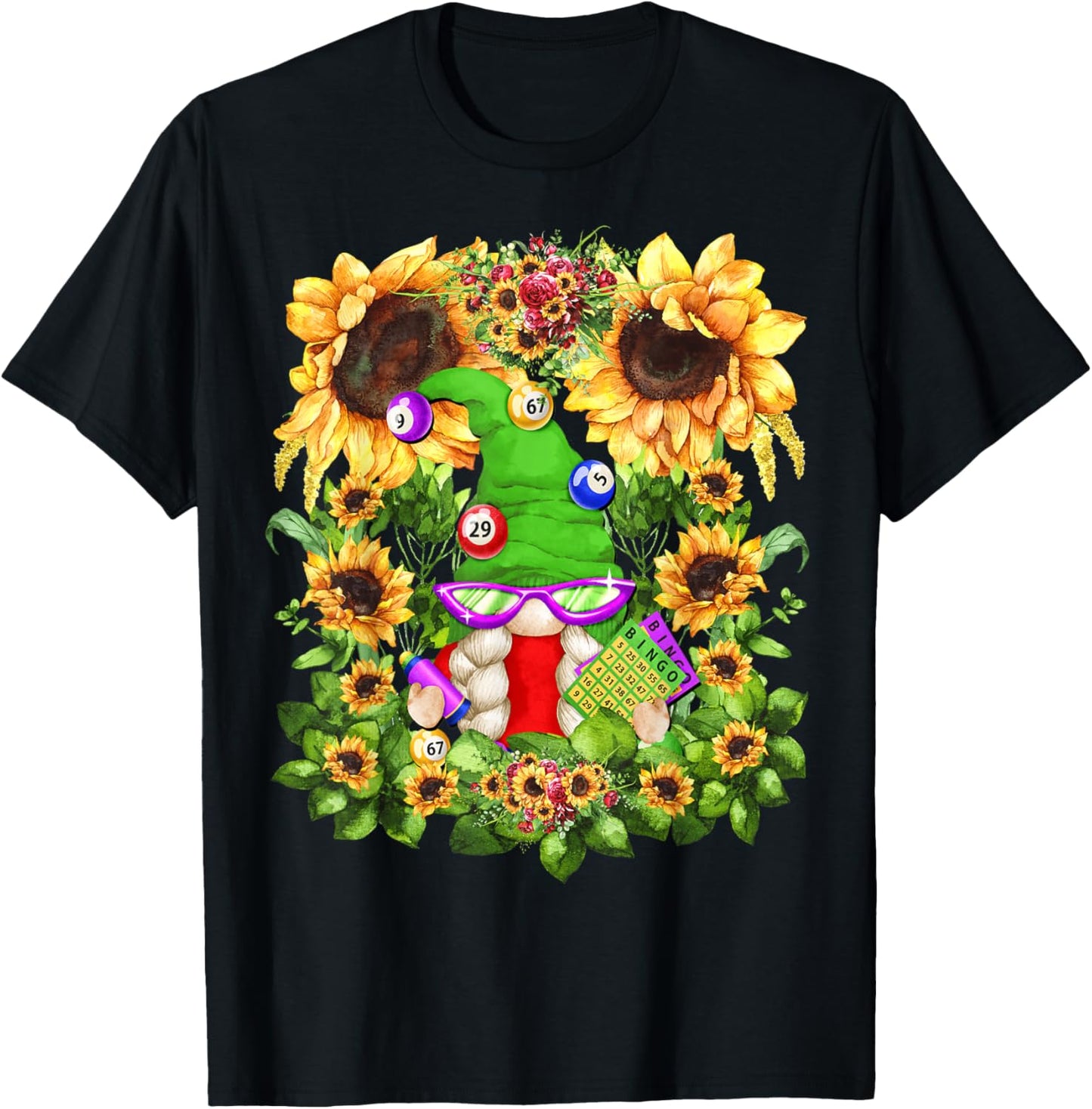 Floral Sunflower Bingo Gnome And Crazy Bingo Lady T-Shirt - T-Shirt | Black