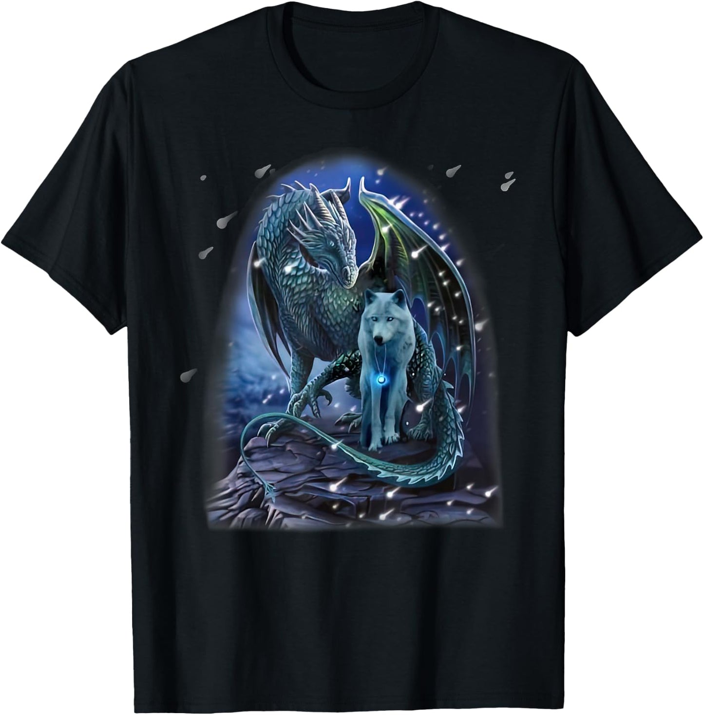 Wolf And Dragon Together In Winter T-Shirt - T-Shirt | Black