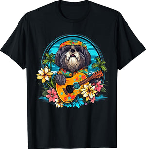Floral Beach Vacation Shih Tzu Dog Women Kids T-Shirt - T-Shirt | Black