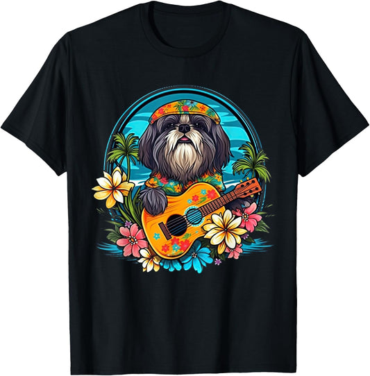 Floral Beach Vacation Shih Tzu Dog Women Kids T-Shirt - T-Shirt | Black