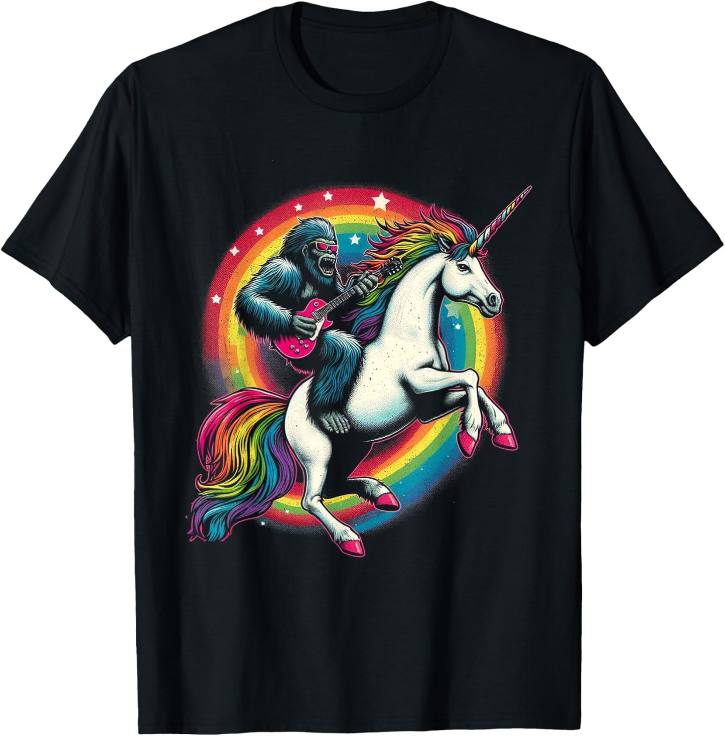 Funny Bigfoot Riding a Rainbow Unicorn T-Shirt - T-Shirt | Black