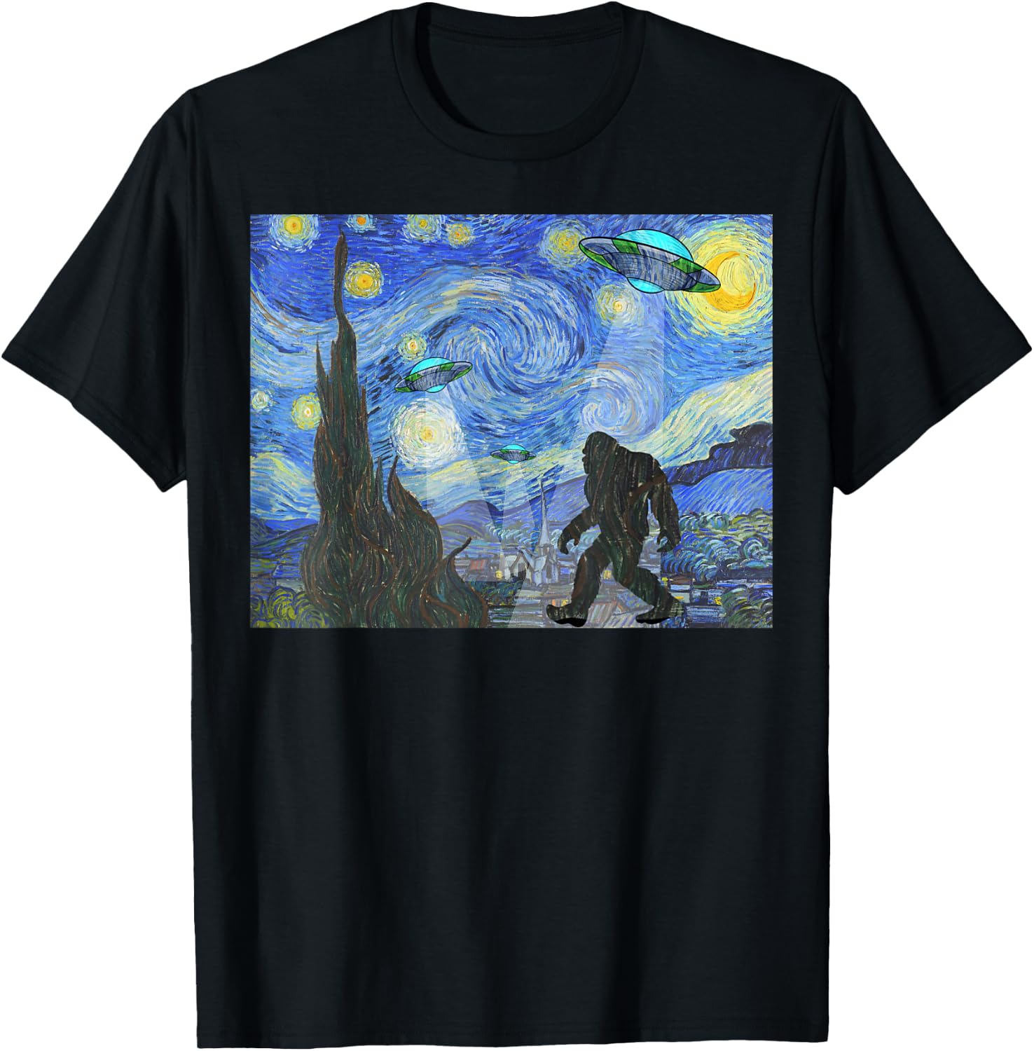 Starry Night Sasquatch And UFO Aliens Bigfoot Graphic T-Shirt - T-Shirt | Black