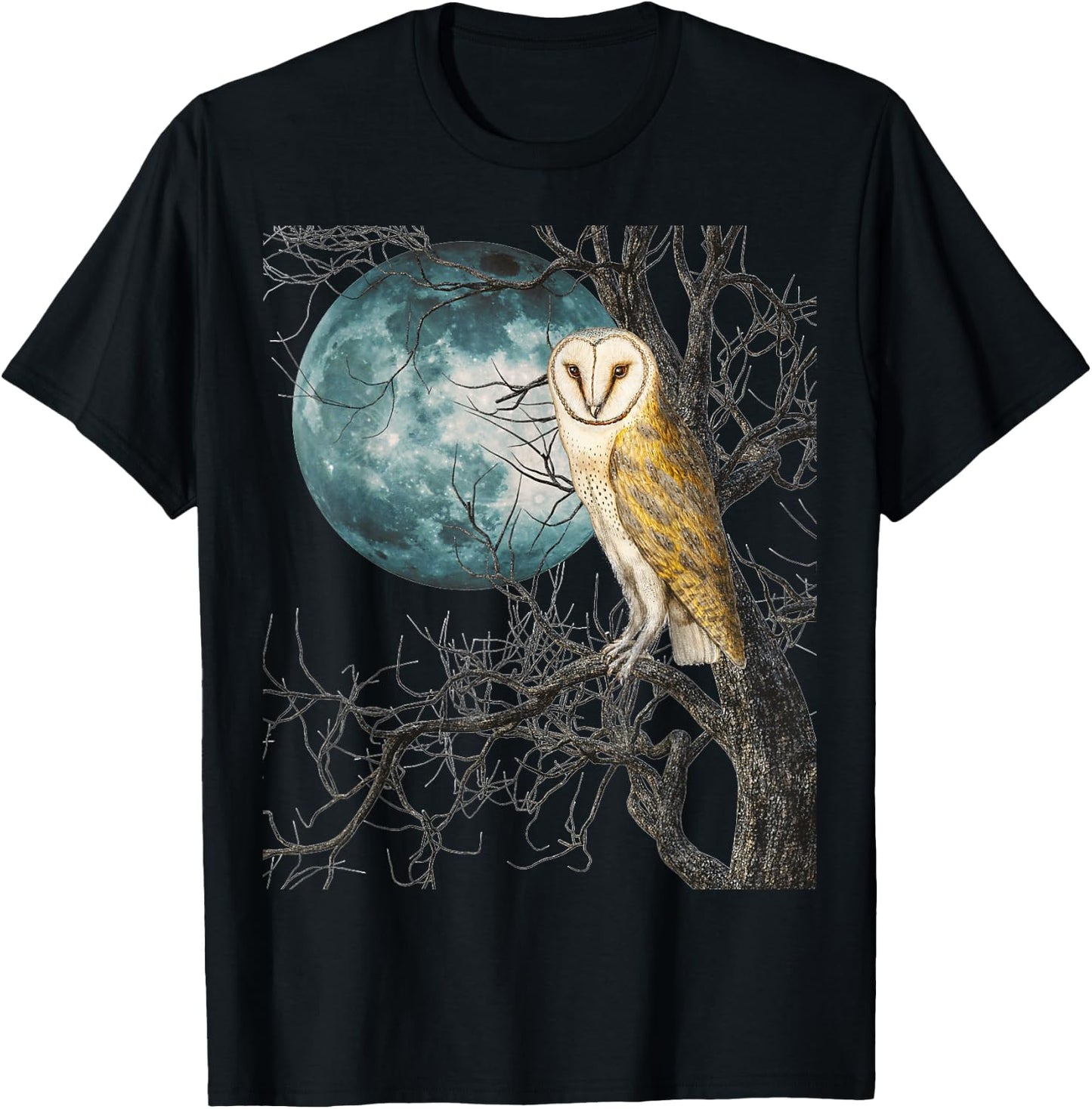 Owl Barn Night Moon Full Vintage Illustration Birder Graphic T-Shirt - T-Shirt | Black