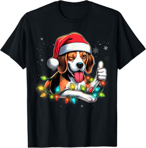 Beagle Christmas Tree Lights, Funny Dog Santa Pajama, Women T-Shirt - T-Shirt | Black