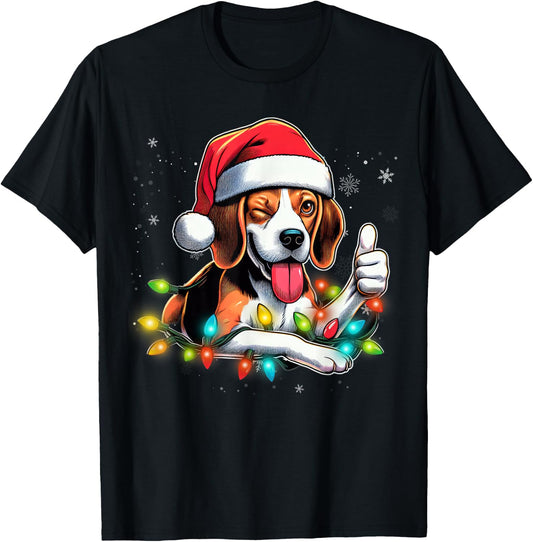 Beagle Christmas Tree Lights, Funny Dog Santa Pajama, Women T-Shirt - T-Shirt | Black