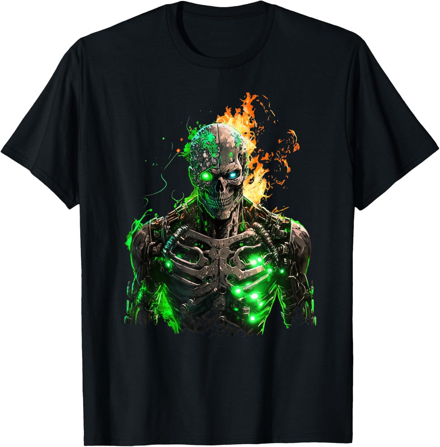 Flaming Skeleton Cyborg Graphic T-Shirt - T-Shirt | Black