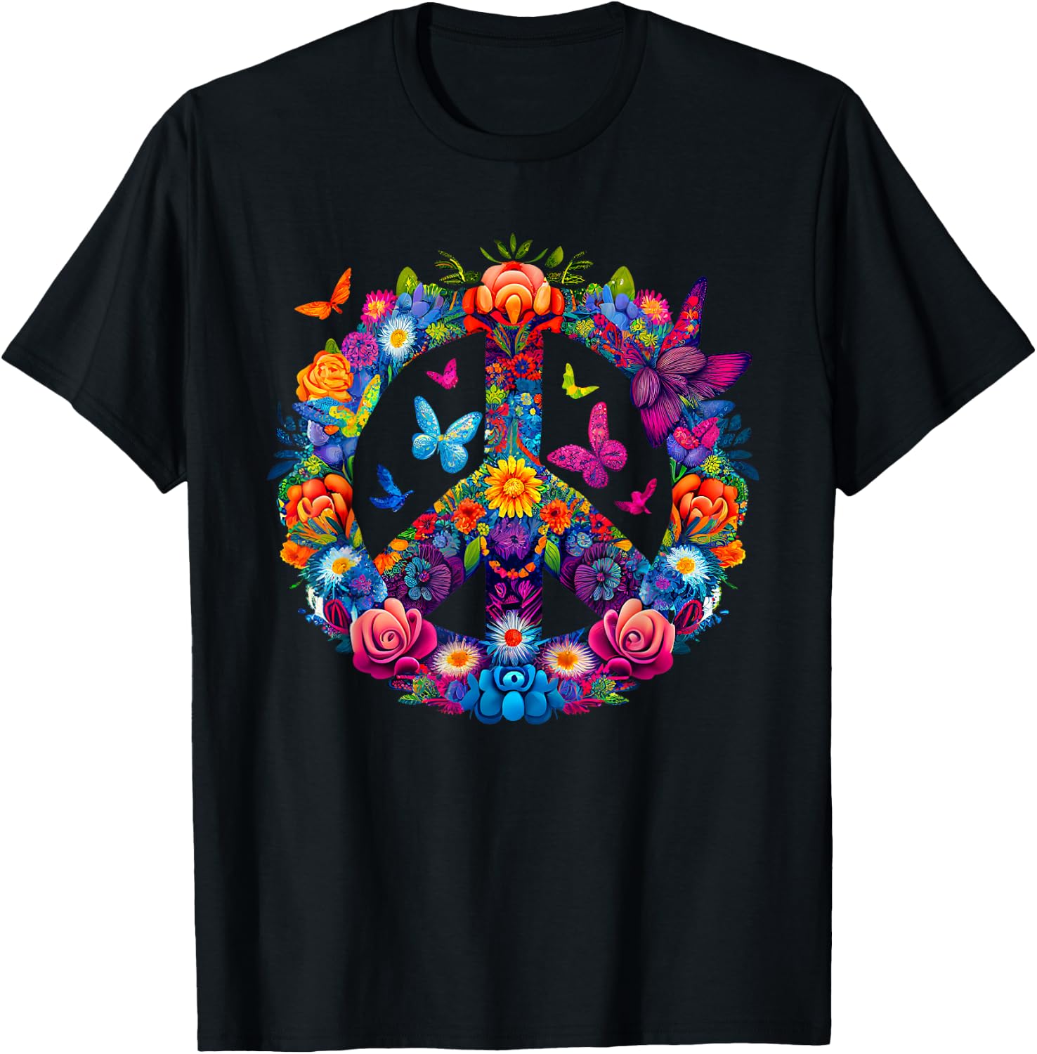 Peace Love 60's 70's groovy Costume Colorful Flowers T-Shirt - T-Shirt | Black