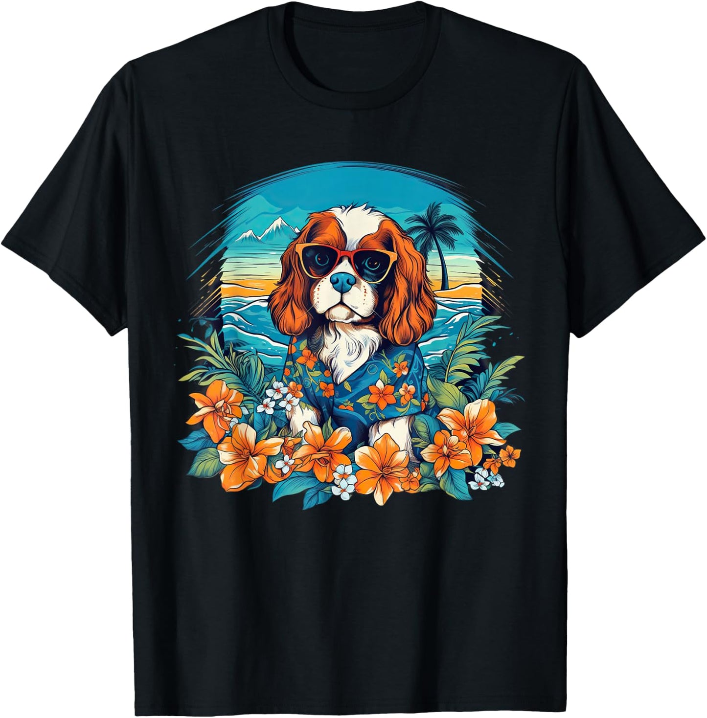 Floral Beach Vacation Cavalier King Charles Spaniel Dog T-Shirt - T-Shirt | Black