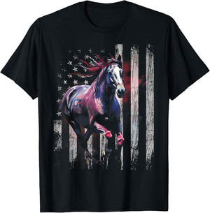 Patriotic Horse American Flag Horseback Riding Western Farm T-Shirt - T-Shirt | Black