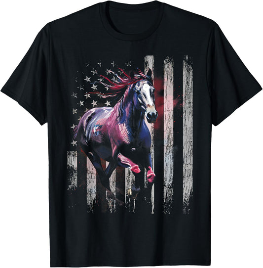 Patriotic Horse American Flag Horseback Riding Western Farm T-Shirt - T-Shirt | Black