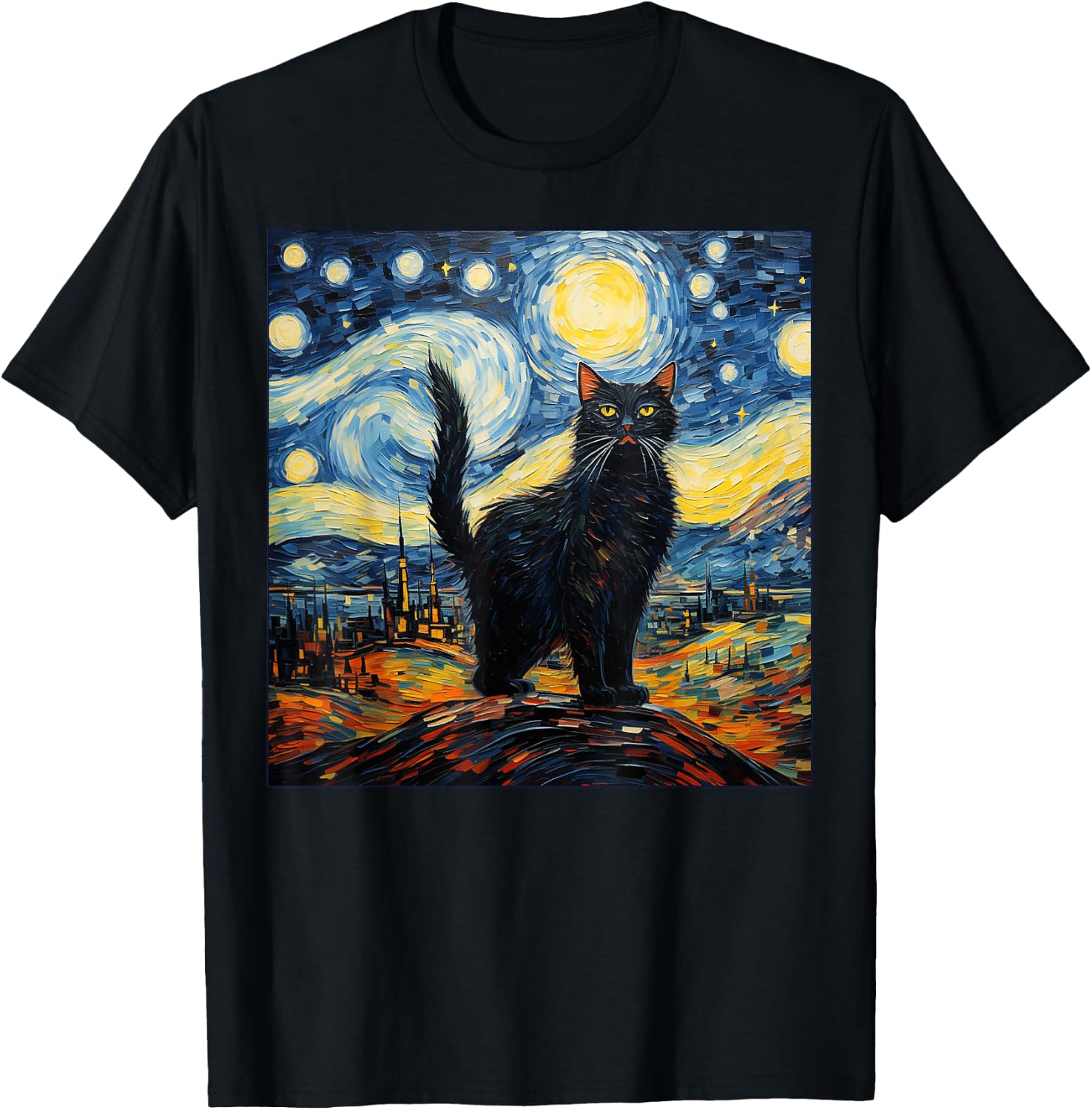 Van Gogh Starry Night Black Cat Gifts for Cats Lover Mom Dad Women Kids T-Shirt - T-Shirt | Black