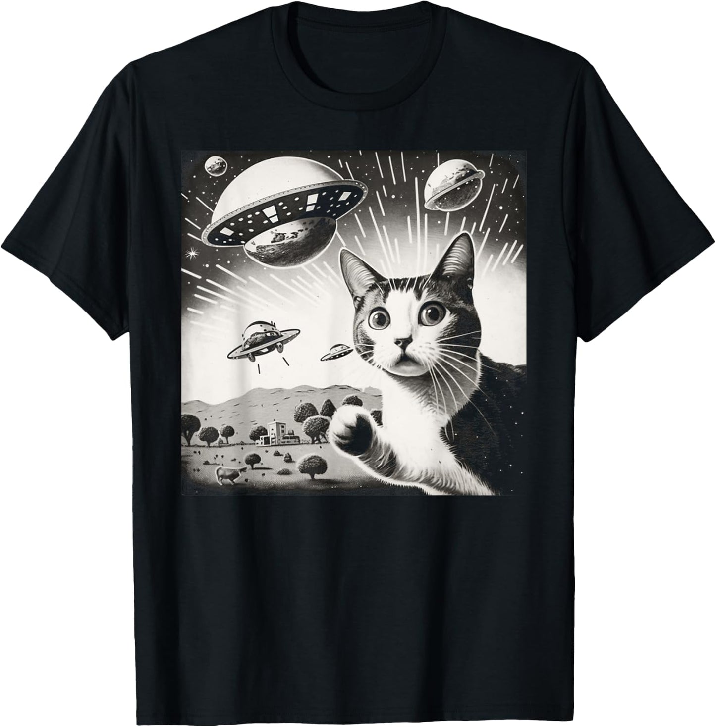 Cat Incident Involving UAPs Funny UFO Retro Aliens Men Women Kids T-Shirt - T-Shirt | Black