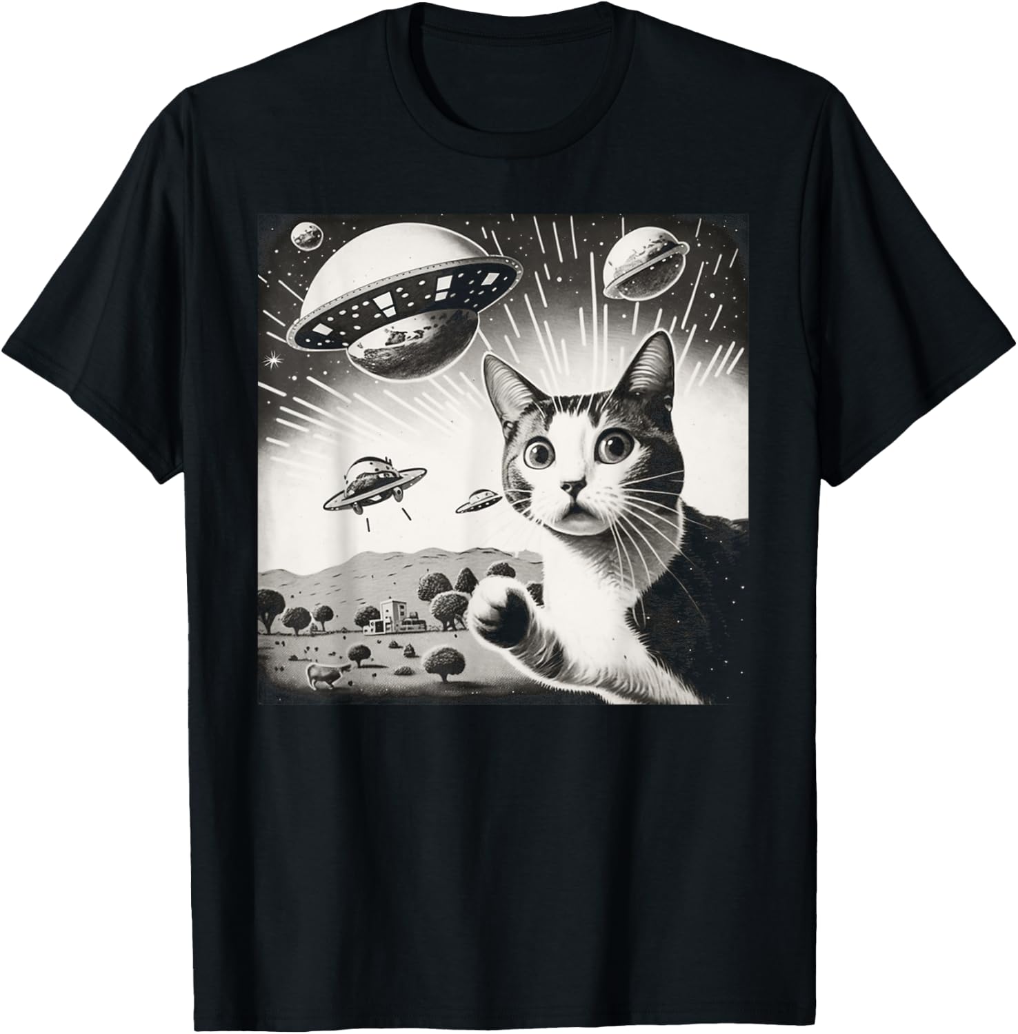 Cat Incident Involving UAPs Funny UFO Retro Aliens Men Women Kids T-Shirt - T-Shirt | Black