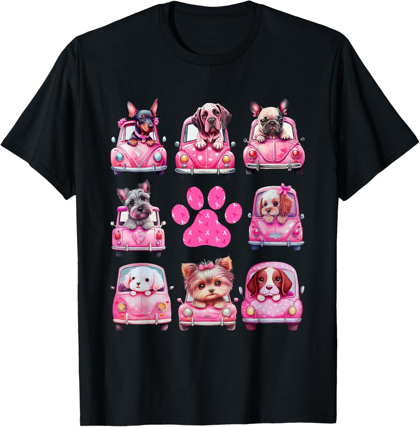 Breast Cancer Puppy Dogs Paw Print Cute Pink October 2024 T-Shirt - T-Shirt | Black