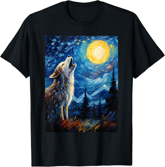 Wolf Starry Night Van Gogh Style Moon T-Shirt - T-Shirt | Black