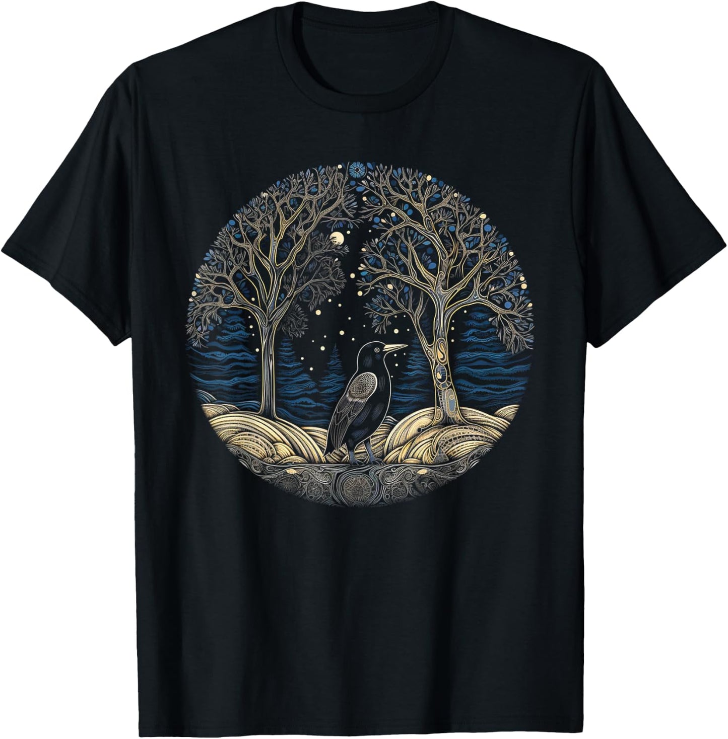 Bird Tree Artwork | Animal Motif Bird T-Shirt - T-Shirt | Black