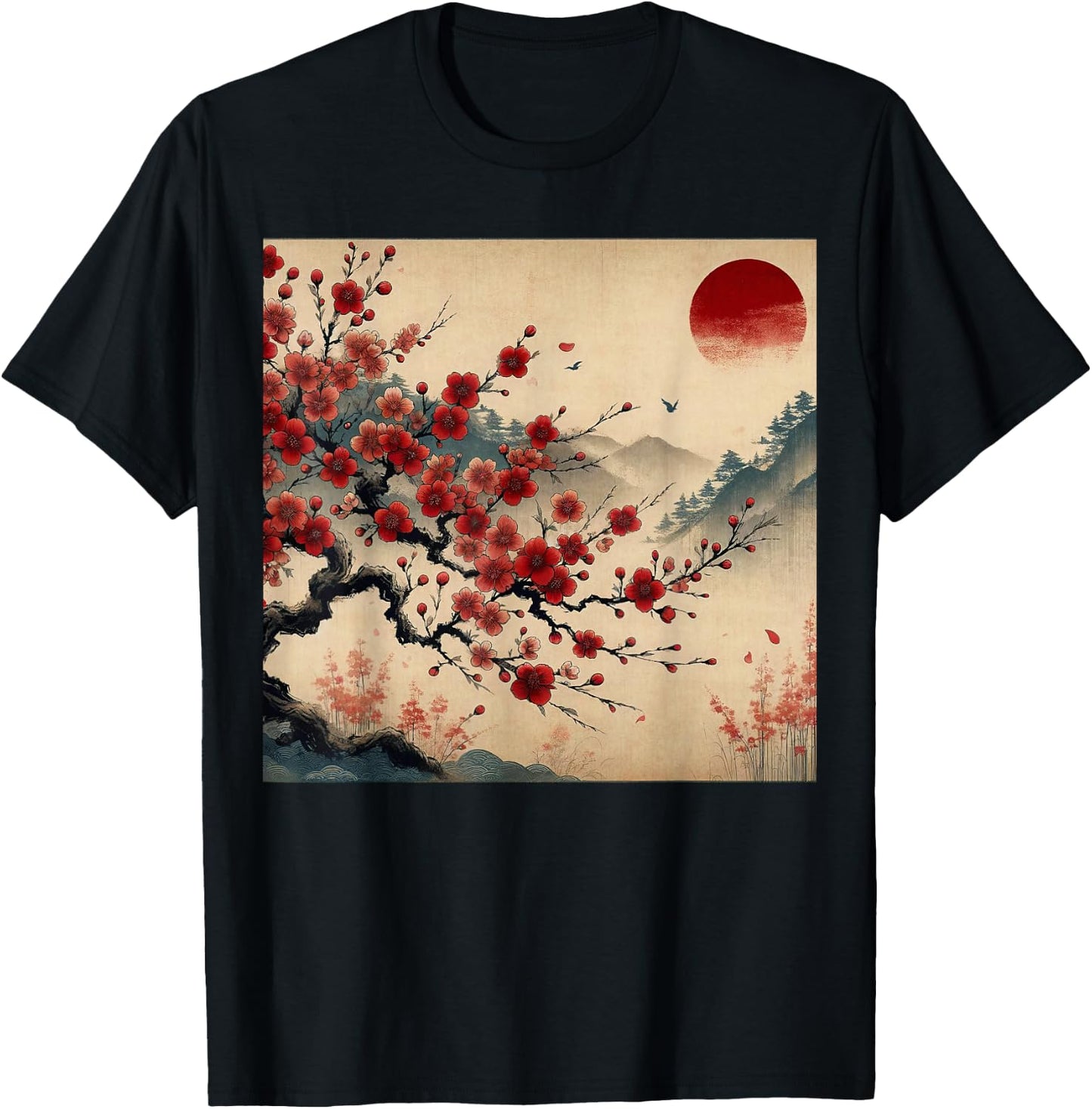 Vintage Cherry Blossom Woodblock Japanese Graphical Art T-Shirt - T-Shirt | Black