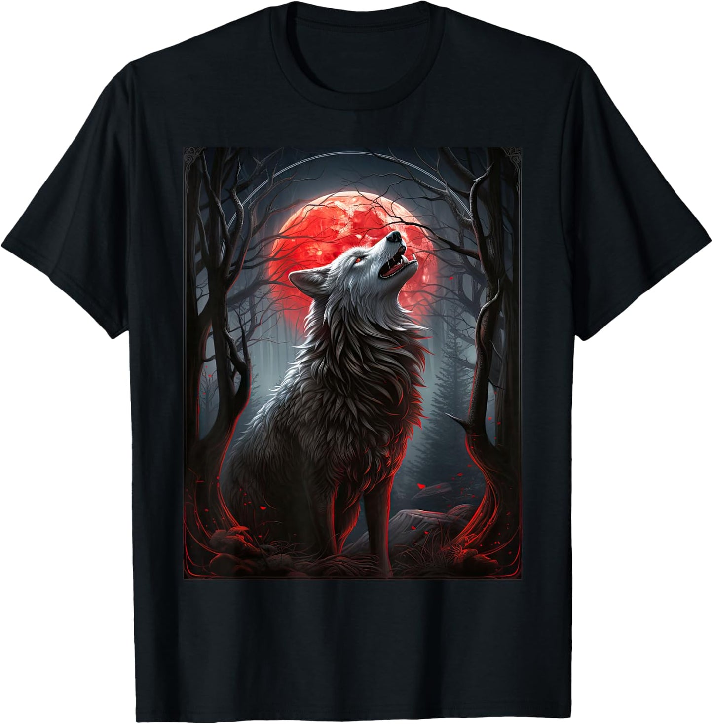 Wolf in a forest howling at the Moon Fantasy Art Wildlife T-Shirt - T-Shirt | Black
