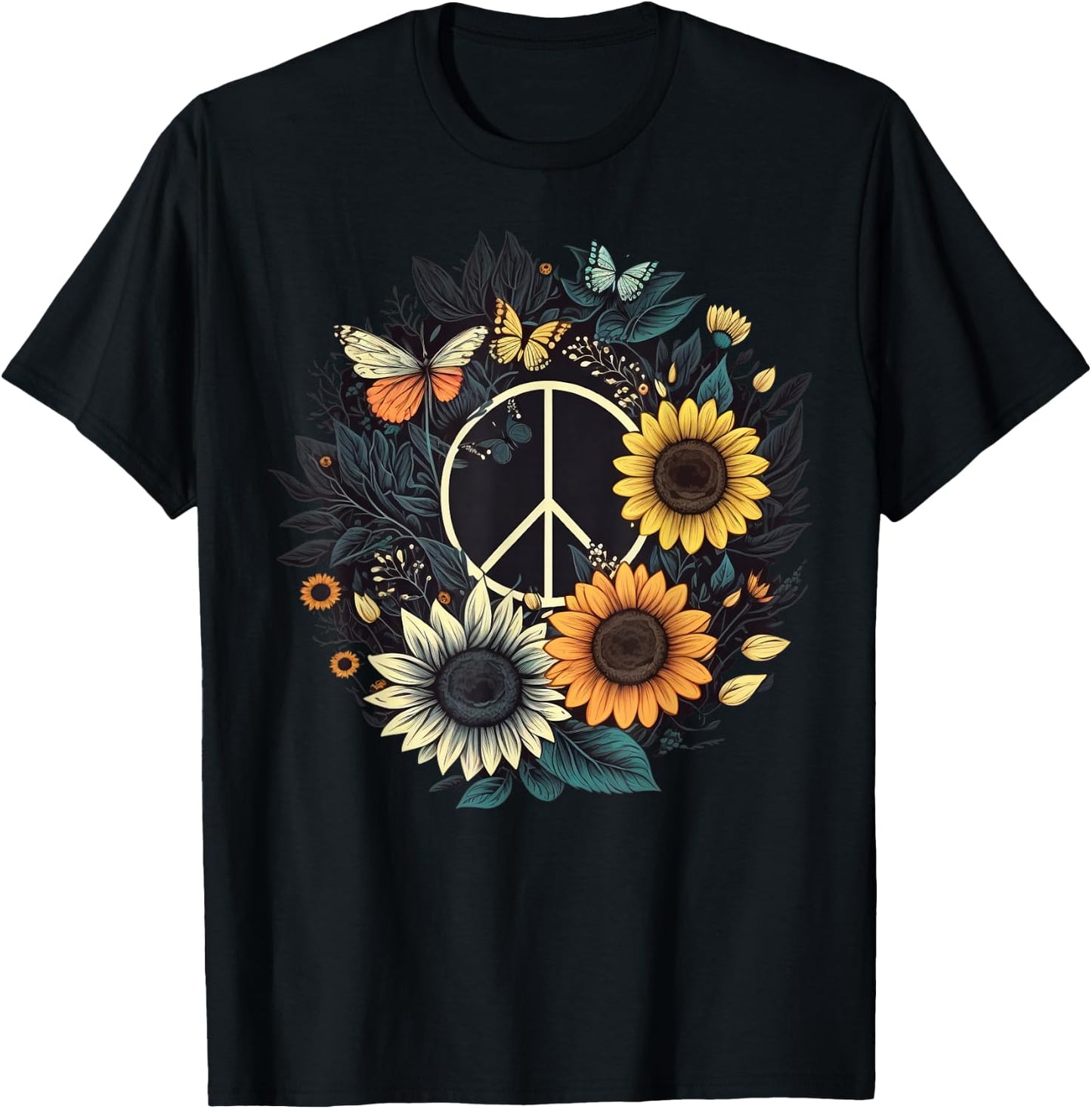 PEACE SIGN LOVE Sunflower on 60s 70s Sunflower Hippie T-Shirt - T-Shirt | Black