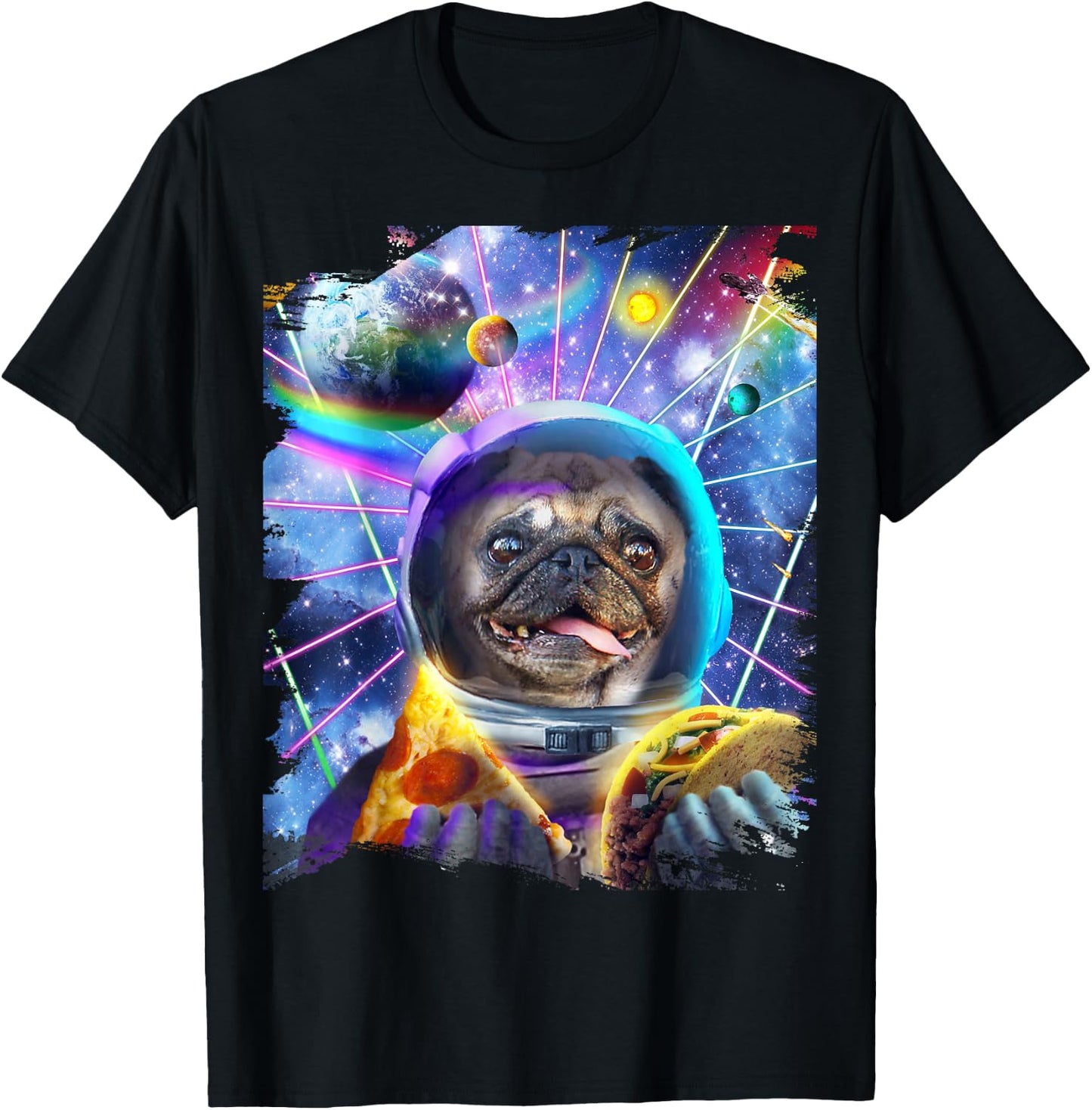 Dog Pug Astronaut In Space Eating Pizza Taco T-Shirt - T-Shirt | Black