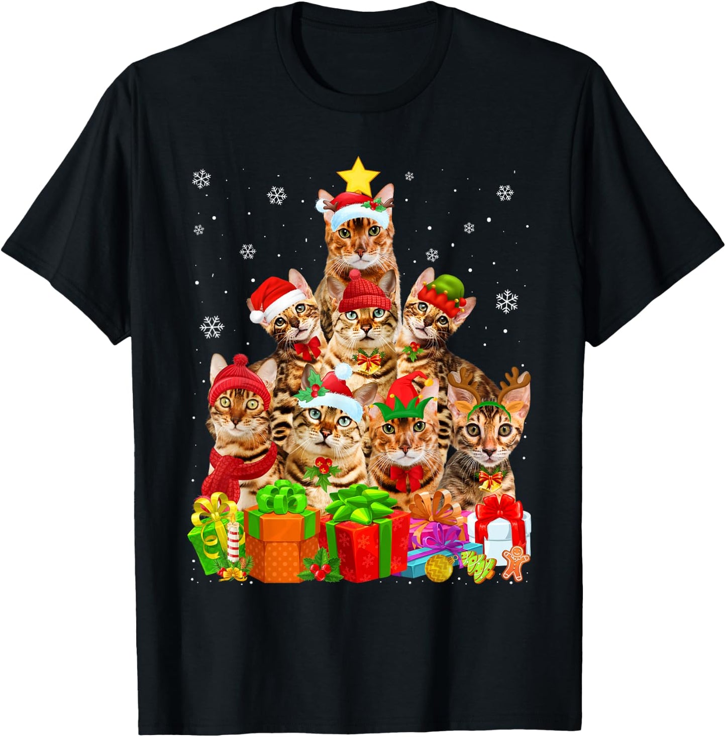 Ugly Christmas Sweater Cat Tree Funny Bengal Cat Xmas T-Shirt - T-Shirt | Black