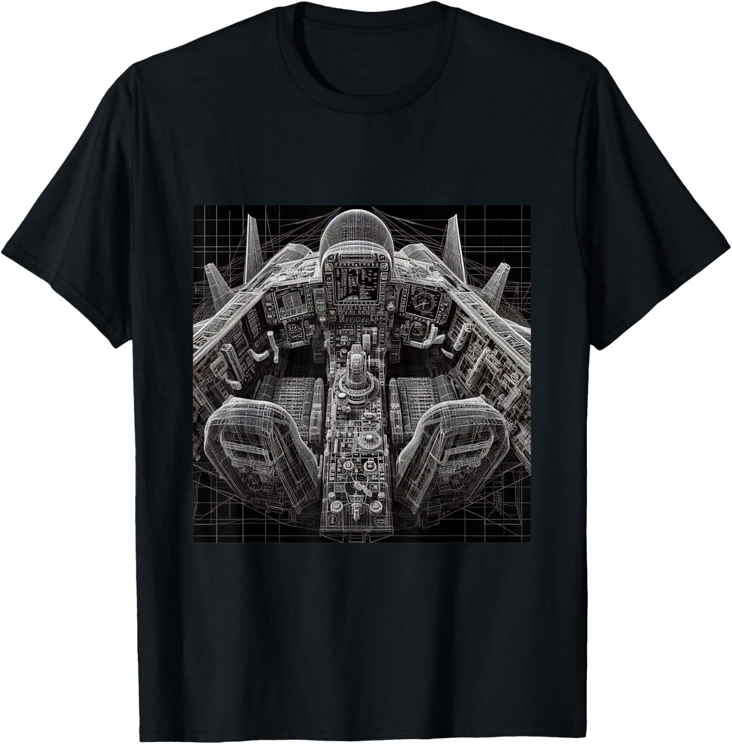 F14 Tomcat Jet Fighter Cockpit Wireframe Blueprint T-Shirt - T-Shirt | Black