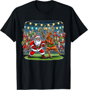 Lacrosse Player Christmas Santa Reindeer Playing Lax Graphic T-Shirt - T-Shirt | Black