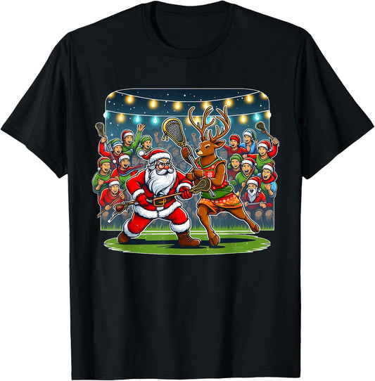 Lacrosse Player Christmas Santa Reindeer Playing Lax Graphic T-Shirt - T-Shirt | Black