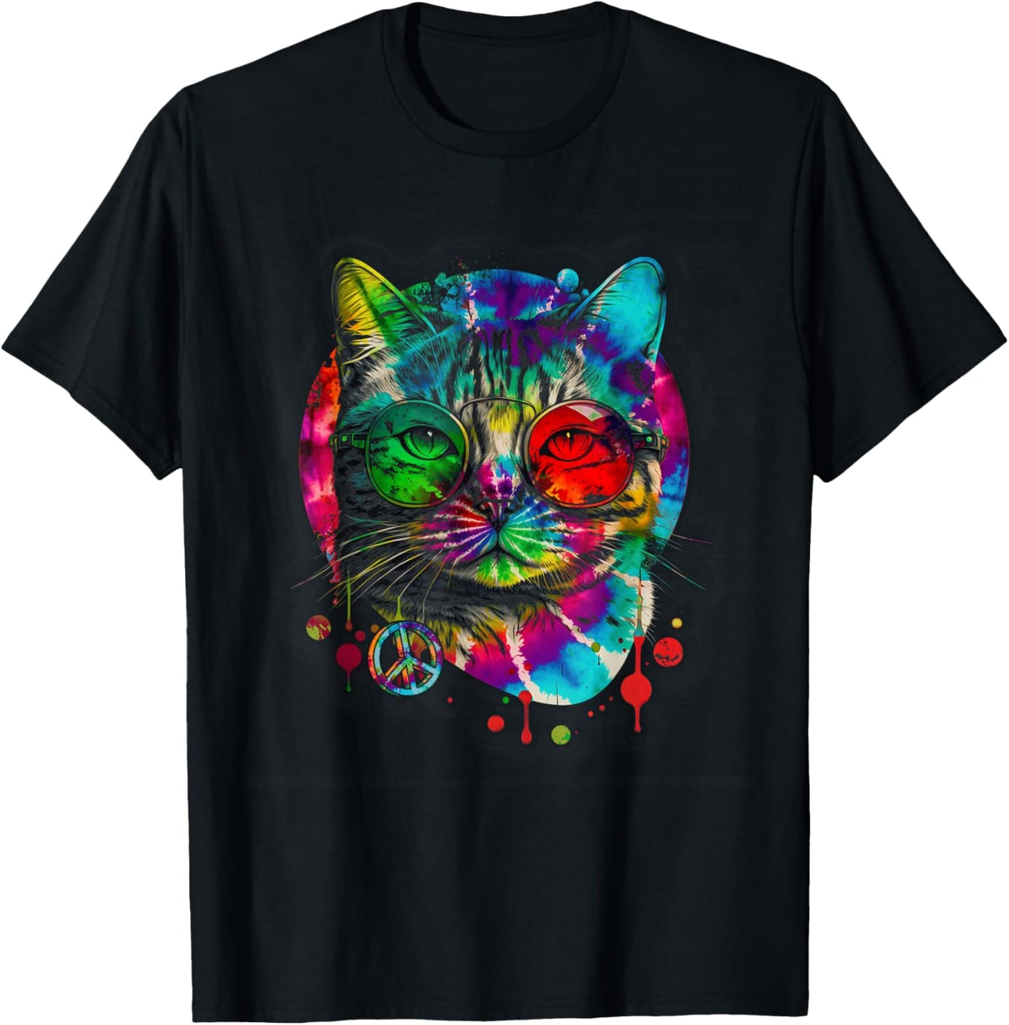 Hippie Cat Tie Dye Peace Sign 60s Psychedelic-Pet Cat Lovers T-Shirt - T-Shirt | Black