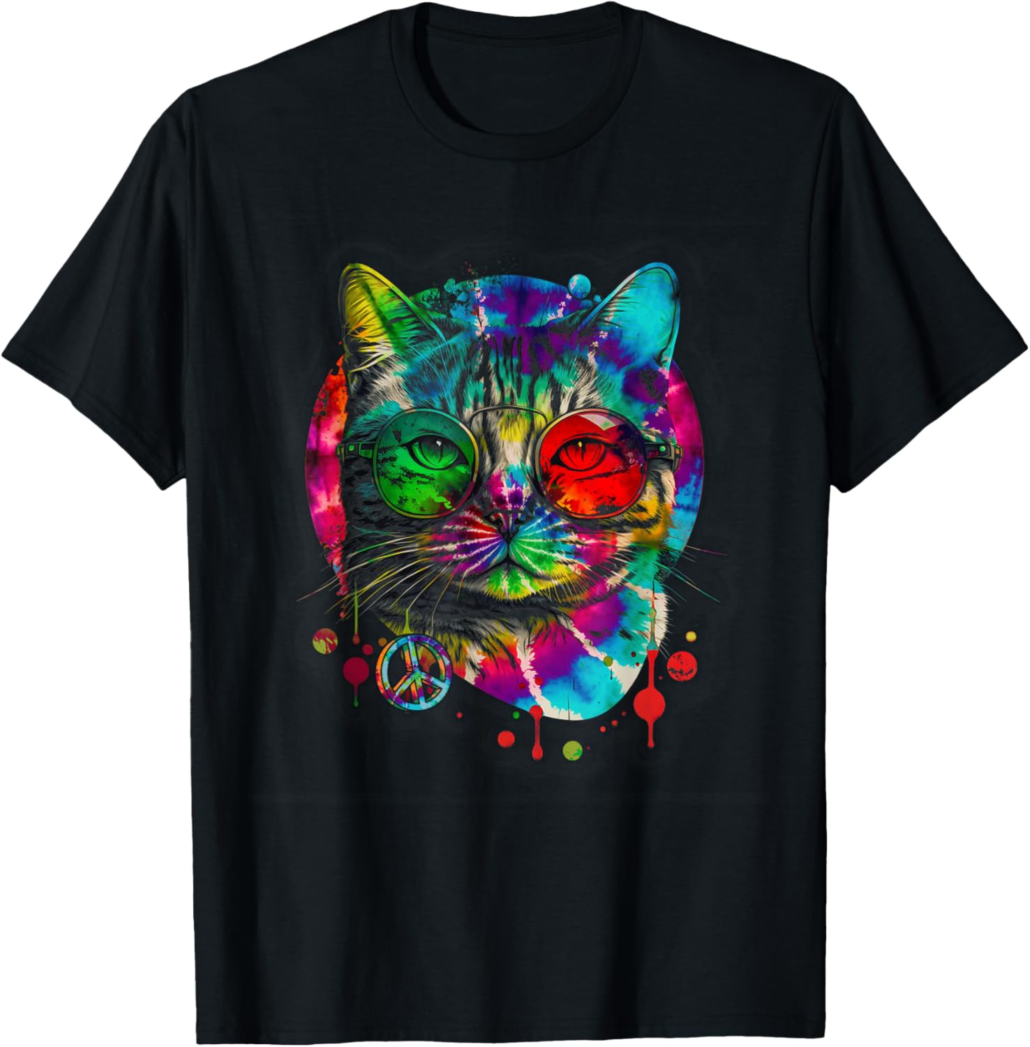 Hippie Cat Tie Dye Peace Sign 60s Psychedelic-Pet Cat Lovers T-Shirt - T-Shirt | Black