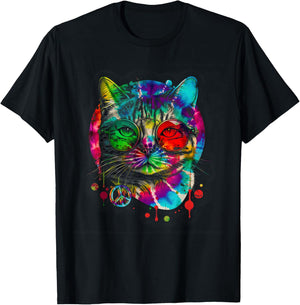 Hippie Cat Tie Dye Peace Sign 60s Psychedelic-Pet Cat Lovers T-Shirt - T-Shirt | Black
