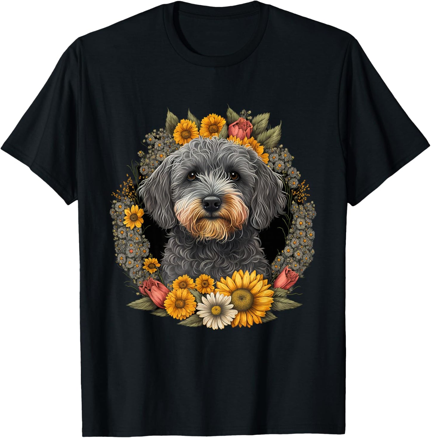 Sunflower Hippie Floral Schnoodle Dog T-Shirt - T-Shirt | Black