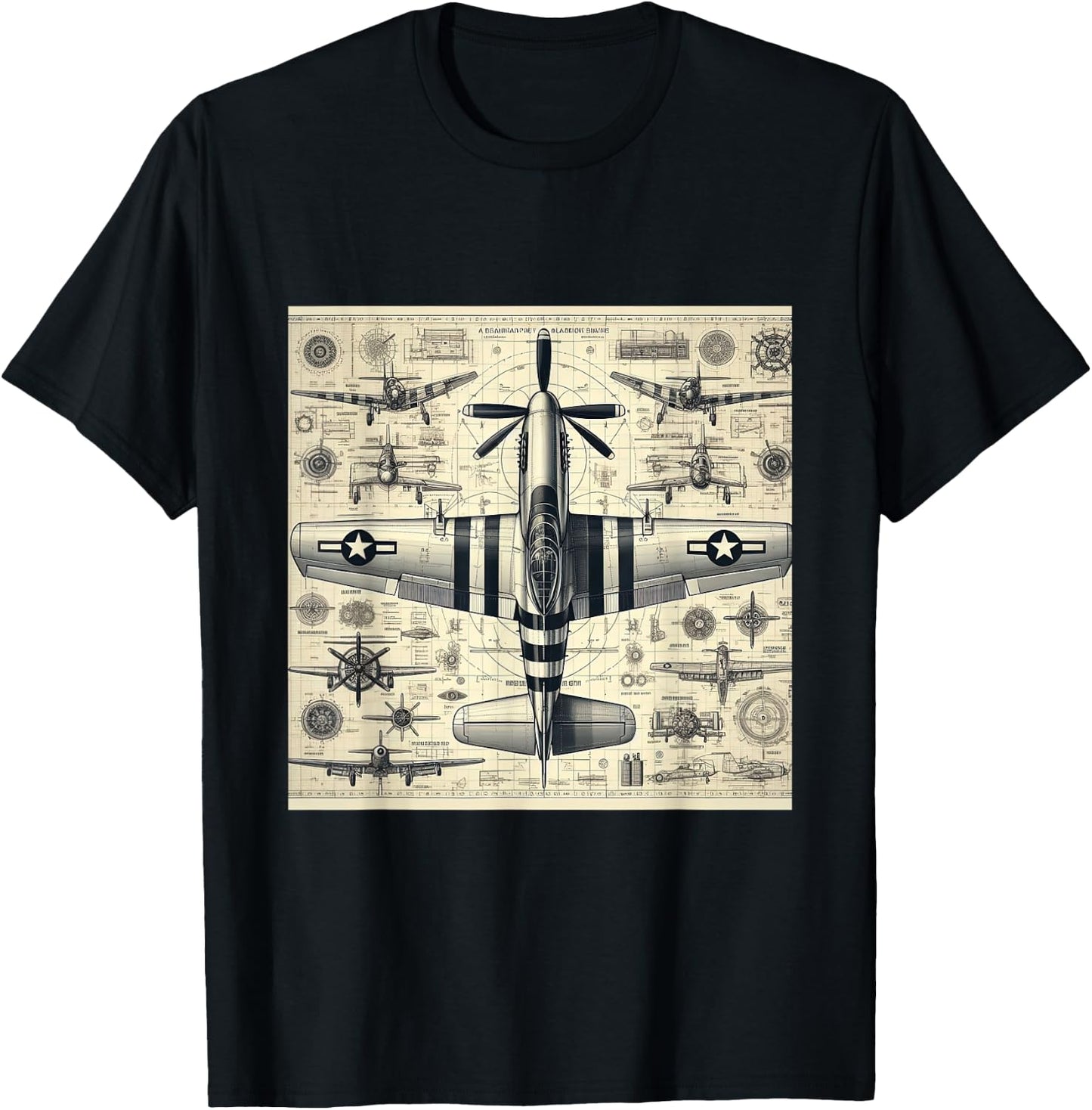 WW2 Warplane Vintage P51 Mustang Assembly Parts Blueprint T-Shirt - T-Shirt | Black