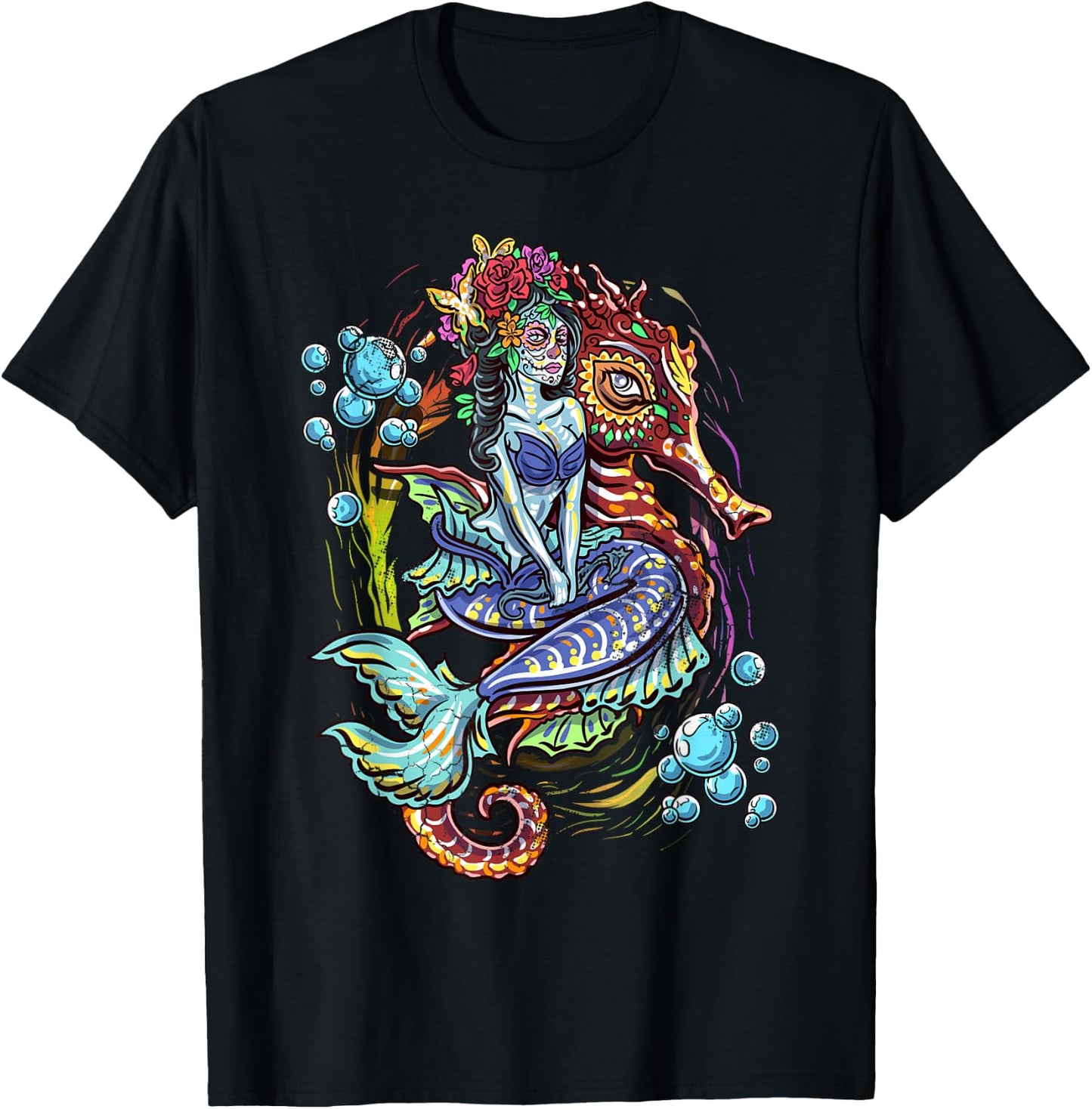 Day Of The Dead Seahorse Mermaid Art Design T-Shirt - T-Shirt | Black