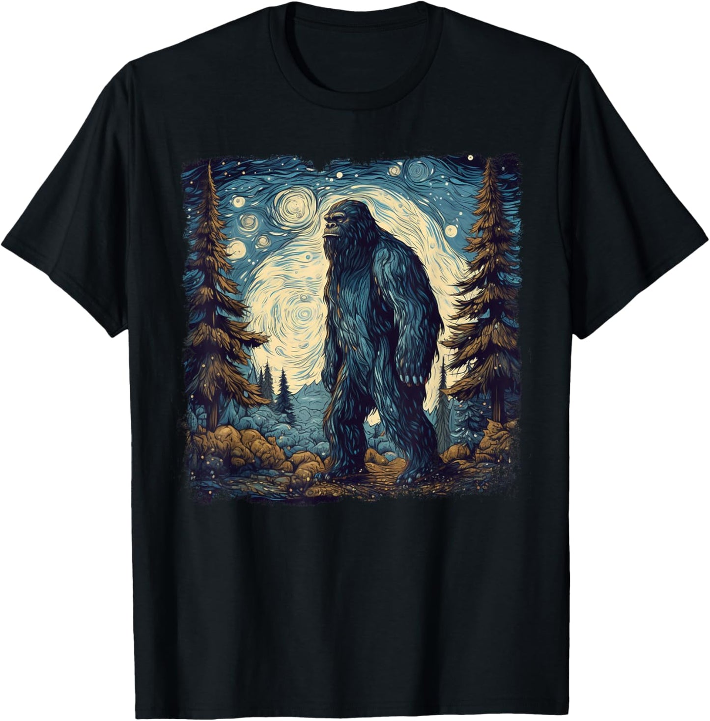 Bigfoot Starry Night Sasquatch Van Gogh Painting T-Shirt - T-Shirt | Black