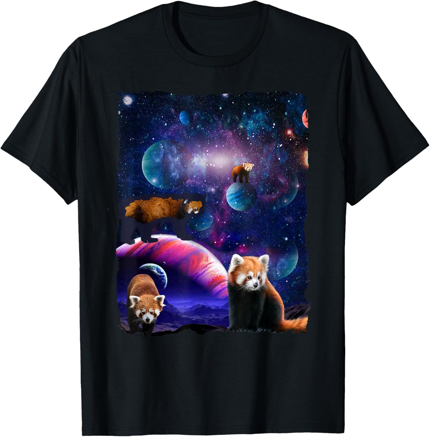 Red Pandas Wild Animal Universe Galaxy Stars lesser panda T-Shirt - T-Shirt | Black