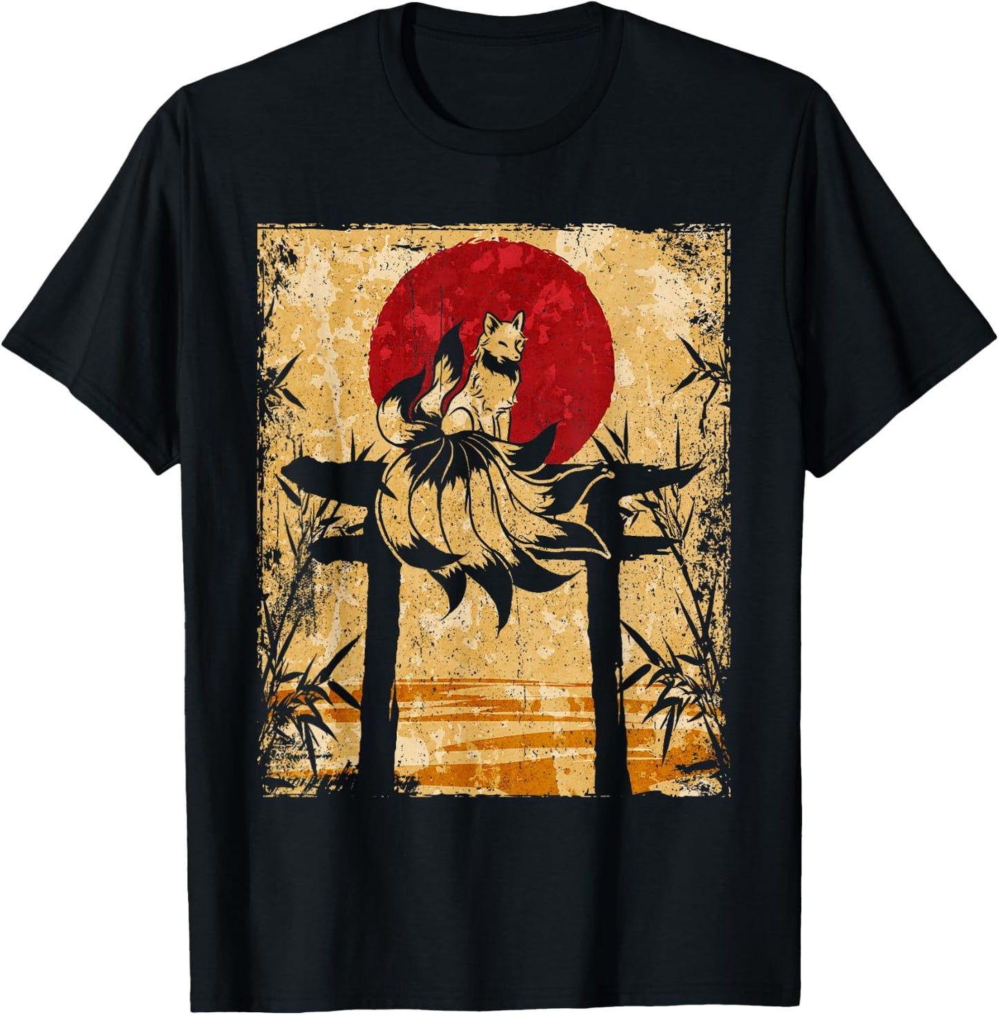 Nine-tailed fox Japanese retro art T-Shirt - T-Shirt | Black