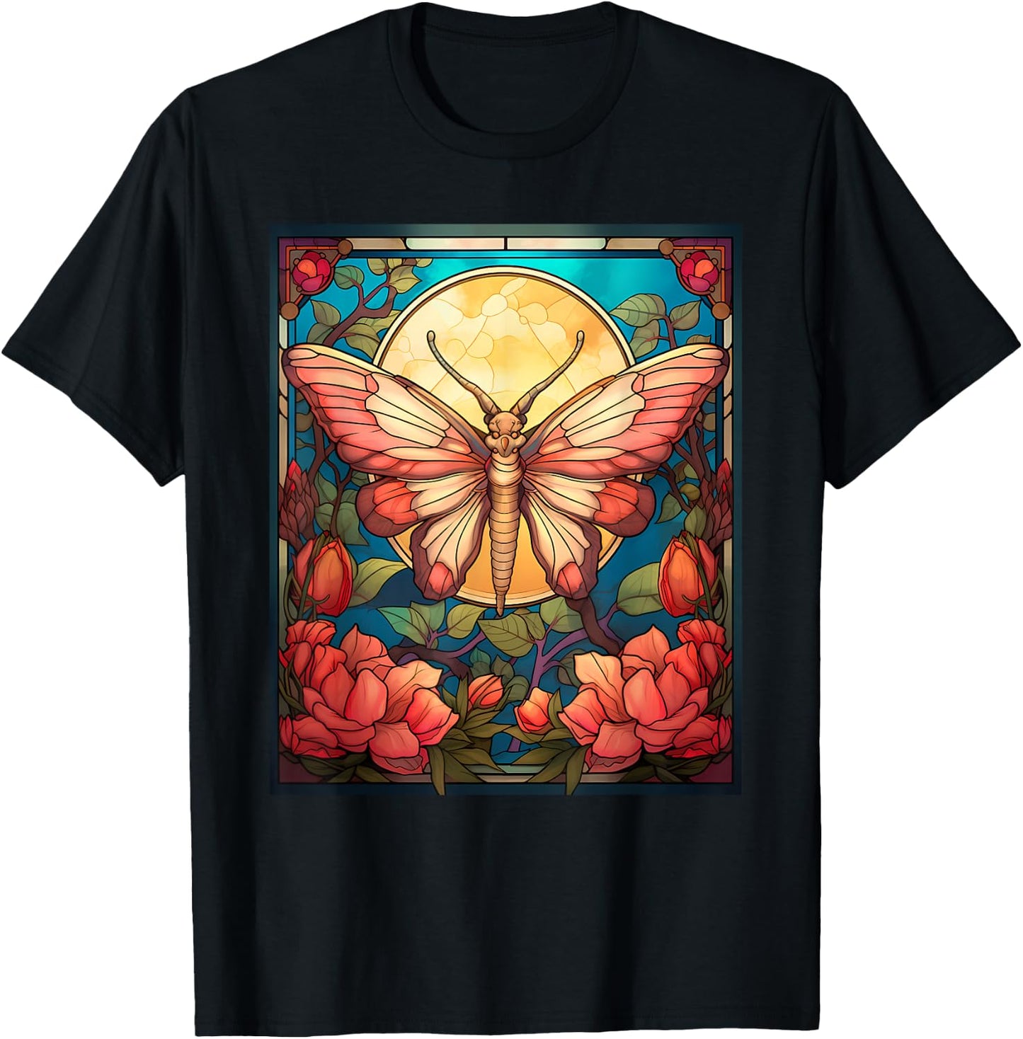 Stained Glass Style Rosy maple moth T-Shirt - T-Shirt | Black