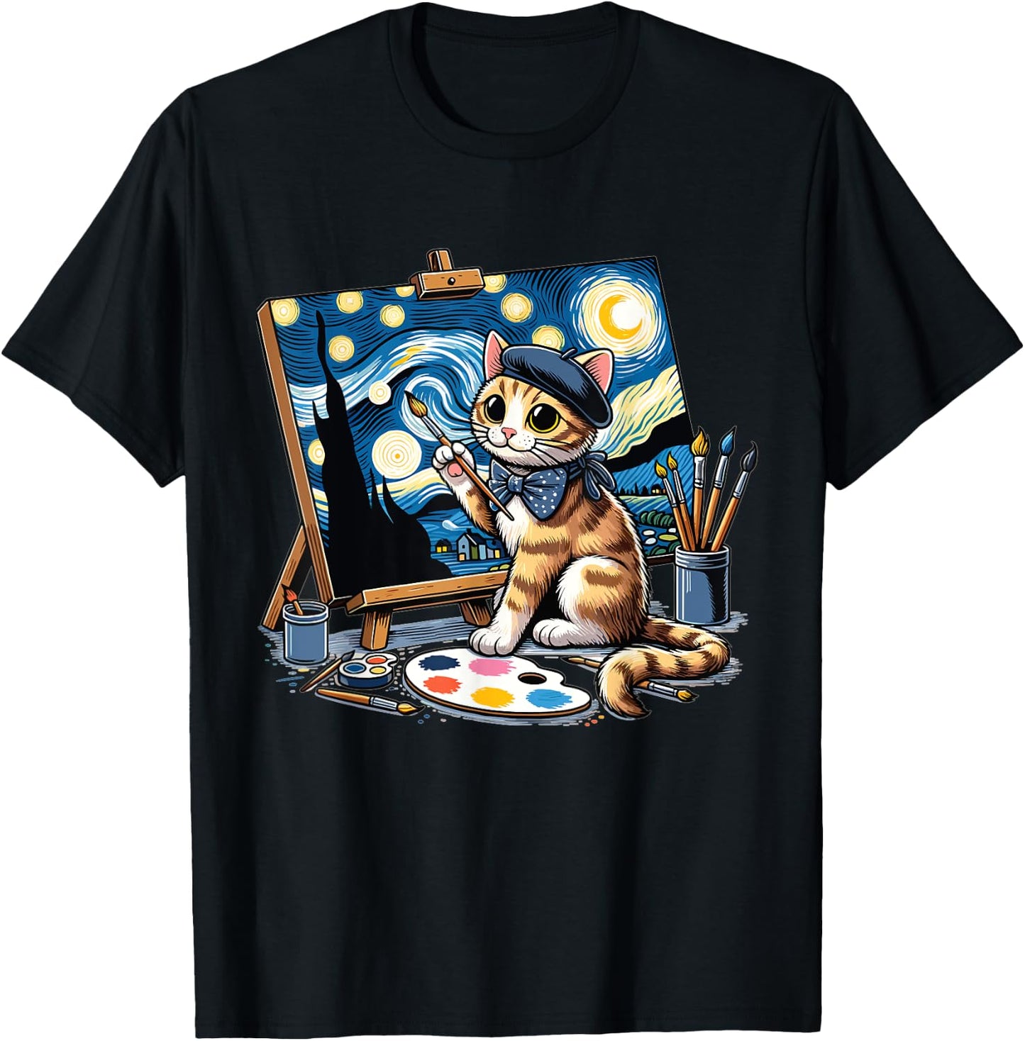 Funny Cute Cat Drawing Starry Night Painting Art For Artist T-Shirt - T-Shirt | Black