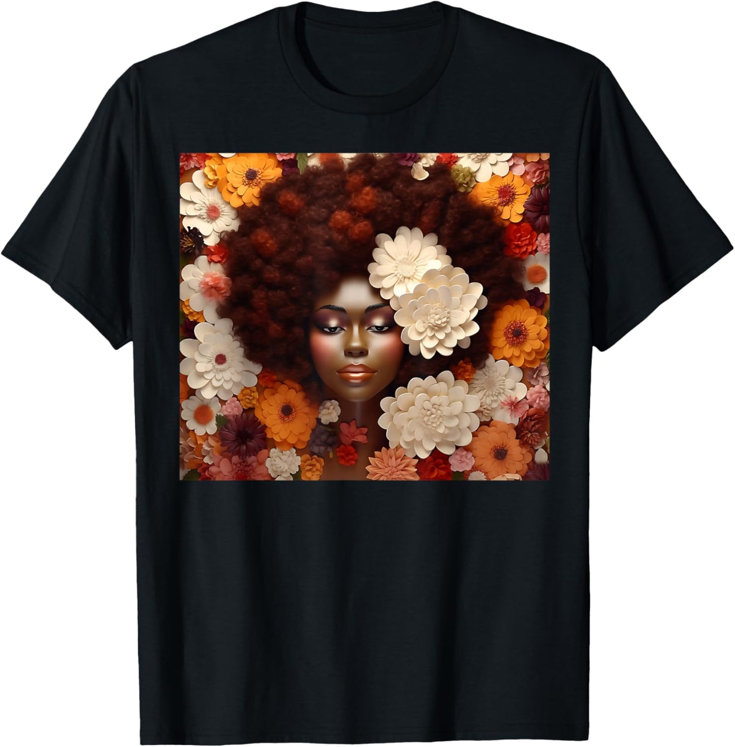 Afro Woman Floral Black Queen Puff Art Melanin Orange White T-Shirt - T-Shirt | Black