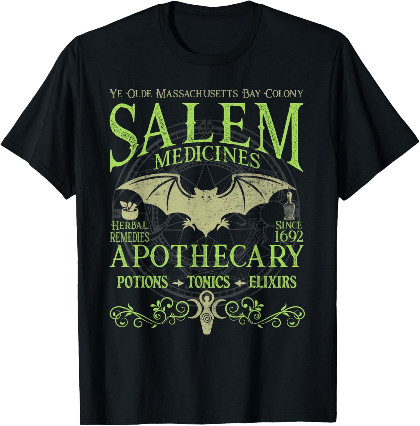 Salem Apothecary Herbalist Witch Wiccan Green Bat T-Shirt - T-Shirt | Black