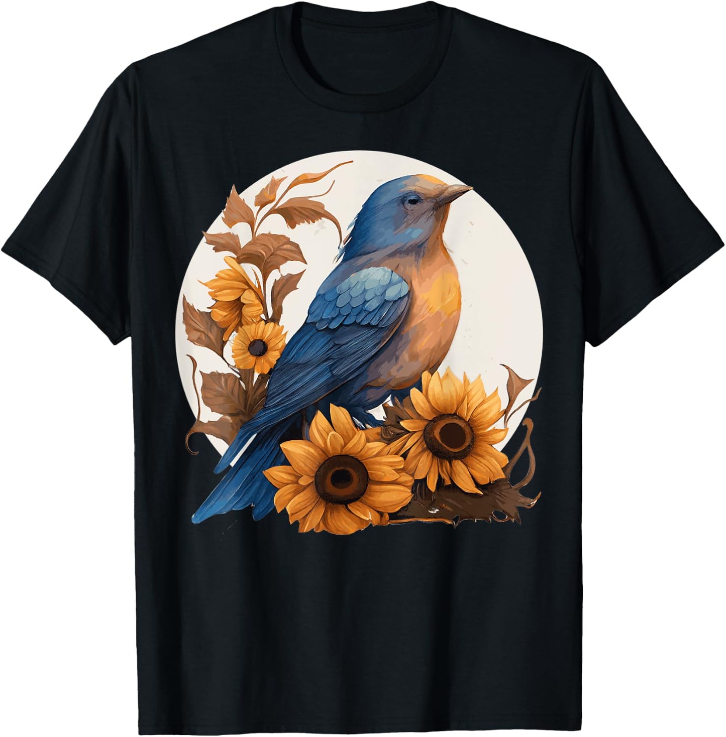 Cute Bluebird Sunflower Floral Watercolor Bluebird T-Shirt - T-Shirt | Black