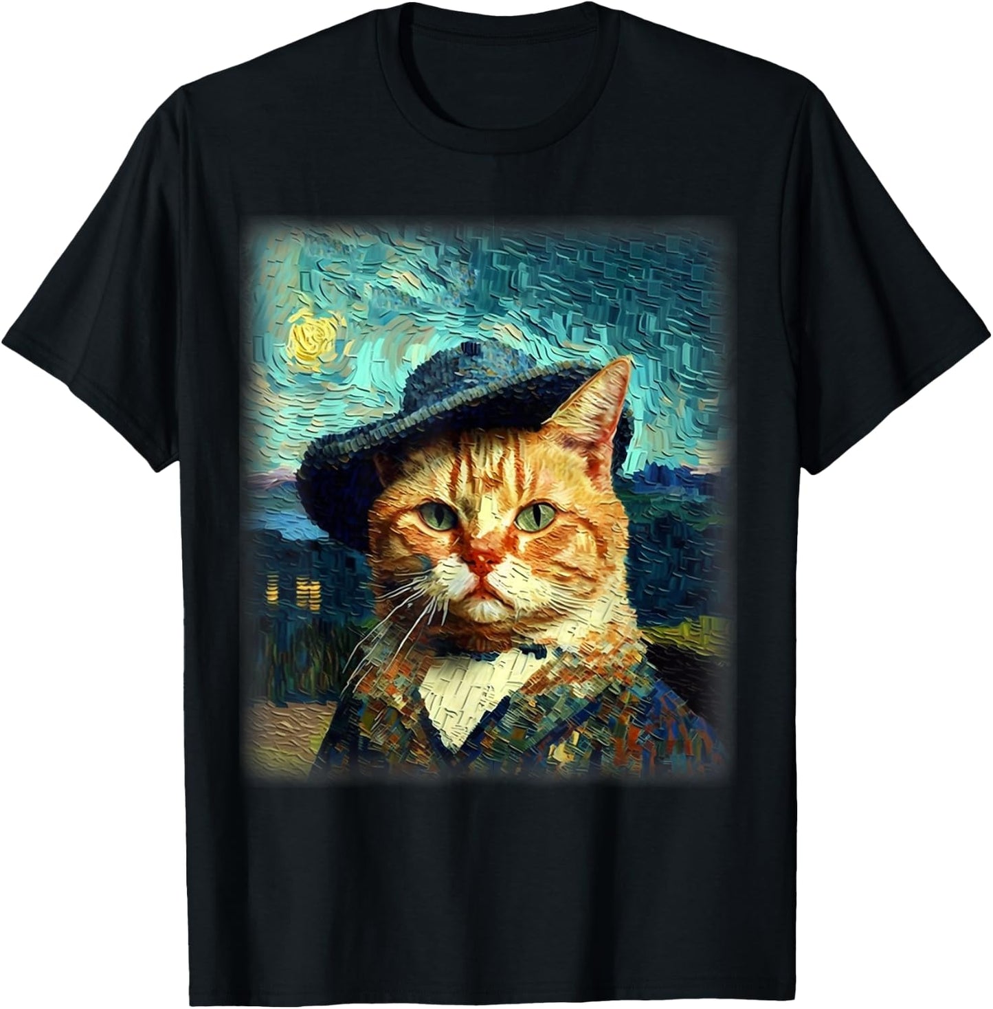 Starry Night Cat, Van Gogh Cat, Cat Mom, Cat Dad, Cat Lover T-Shirt - T-Shirt | Black