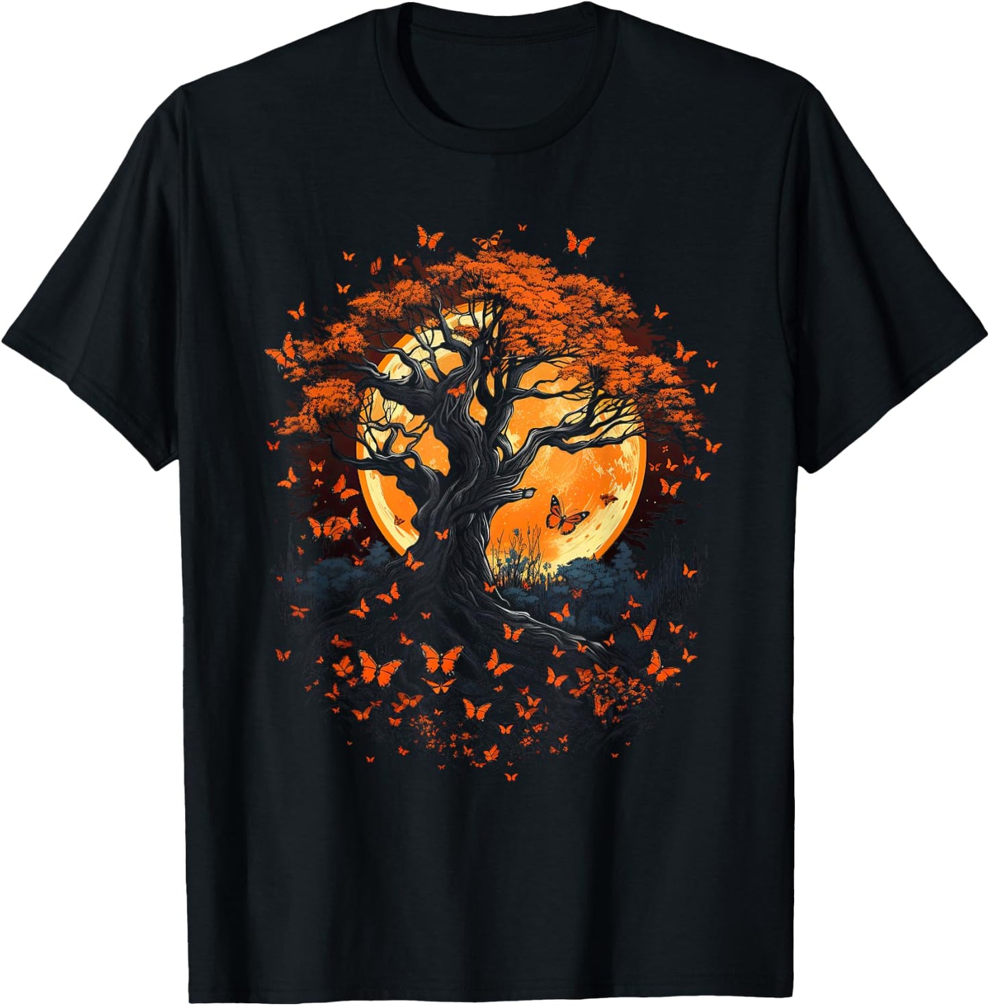Fall Autumn falling leaves with Tree and Butterfly T-Shirt - T-Shirt | Black