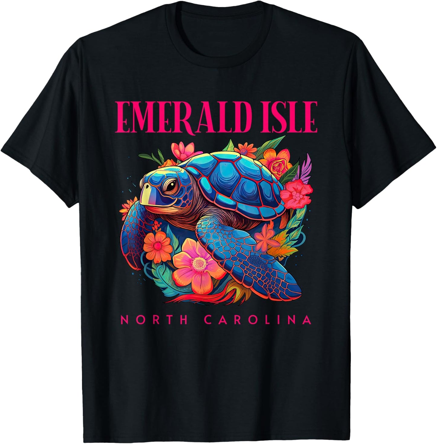 Emerald Isle North Carolina Floral Beach Turtle Souvenir T-Shirt - T-Shirt | Black