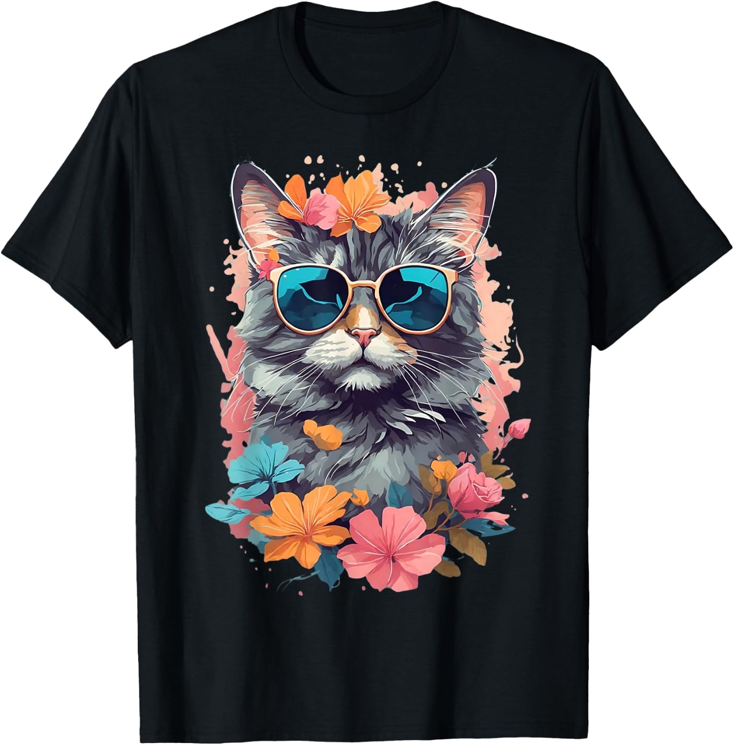 Sunglasses Tabby Cat Shirt for Girls Floral Flowers Graphic T-Shirt - T-Shirt | Black