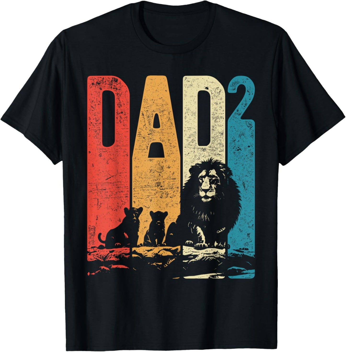 Papa Lion Cubs Father's Day Dad Squared Two Kids Retro T-Shirt - T-Shirt | Black