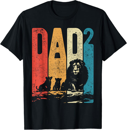 Papa Lion Cubs Father's Day Dad Squared Two Kids Retro T-Shirt - T-Shirt | Black
